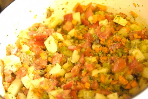 Cooking the potatoes, celery, carrots and tomatoes