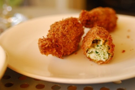 Zucchini Blossoms stuffed with Haloumi and Mint