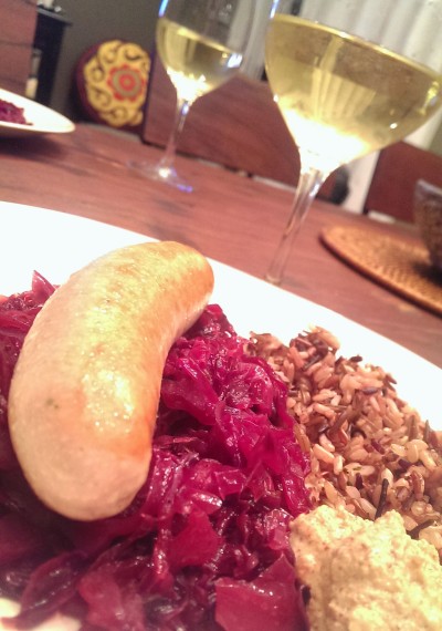 Bockwurst, red cabbage, and cuvee blanc